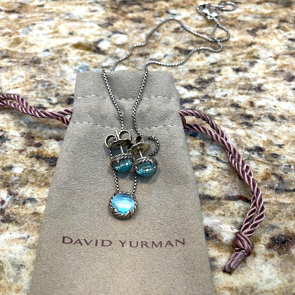 David Yurman Blue Topaz Necklace and Earrings.